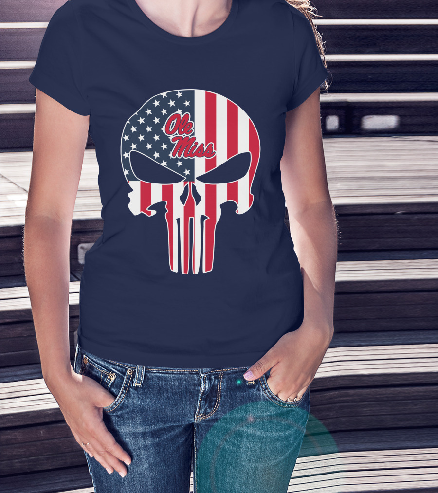 Ole Miss Rebels American Flag Punisher Skull T-Shirt