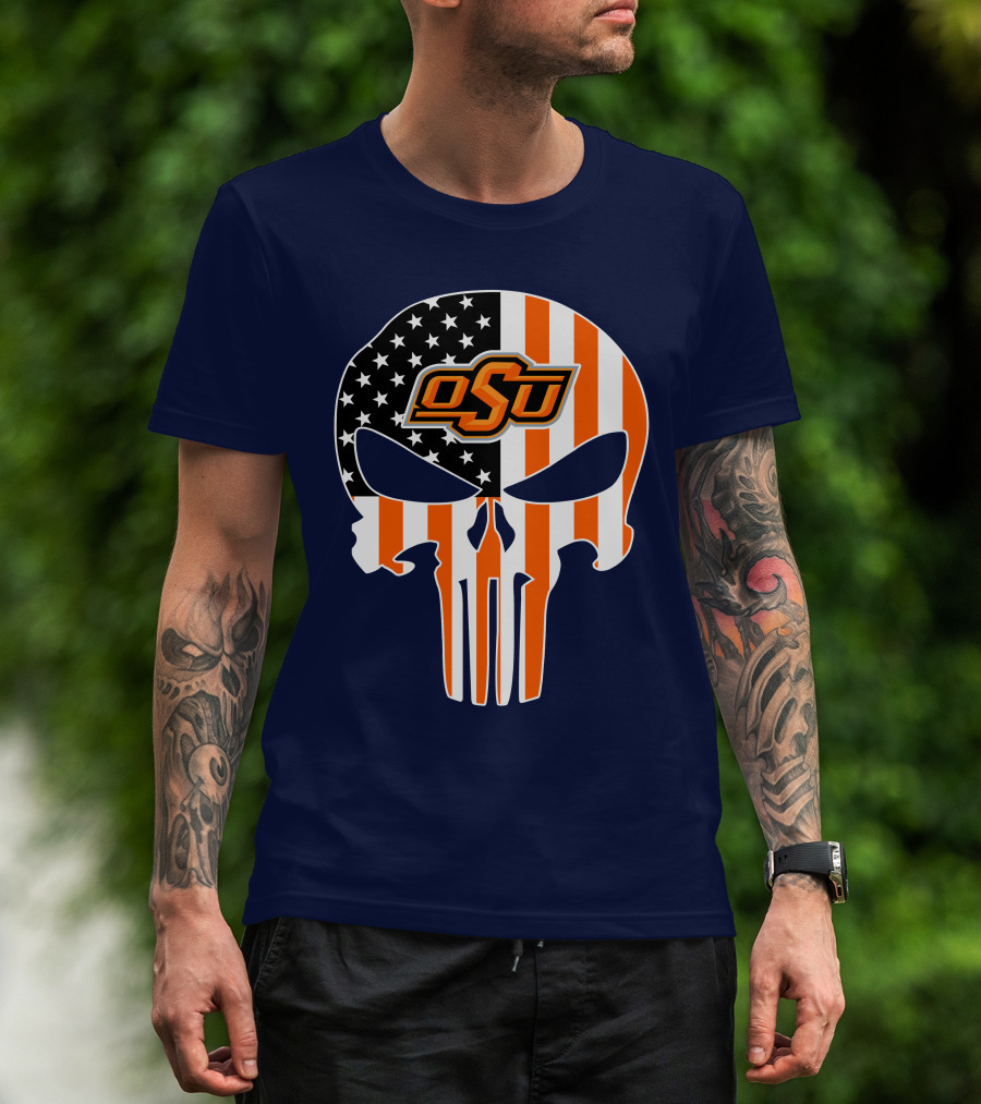 Oklahoma State Cowboys 32 Punisher Skull Osu American Flag T-Shirt