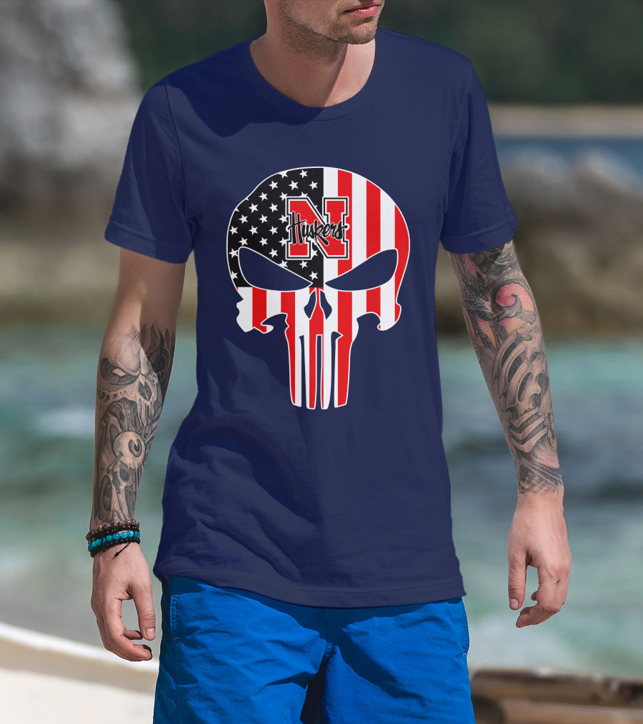 Nebraska Cornhuskers Punisher Skull American Flag T-Shirt
