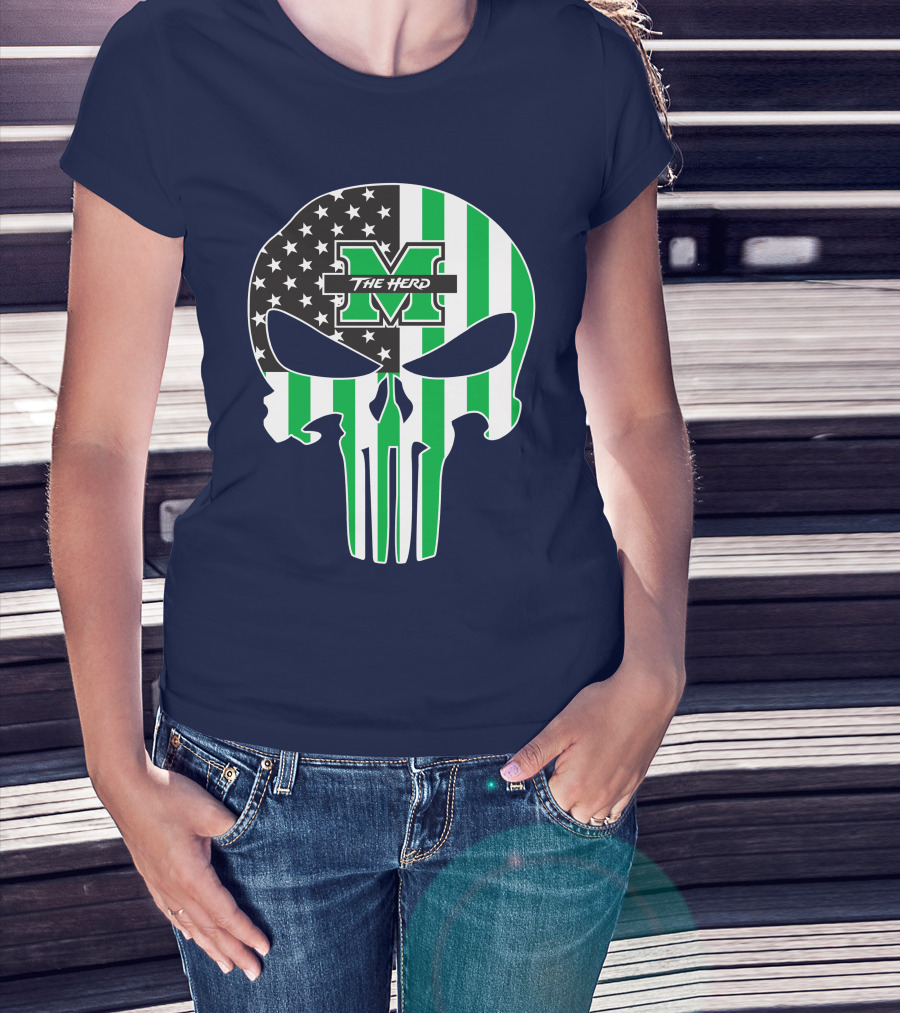 Marshall Thundering Herd The Punisher American Flag Skull T-Shirt