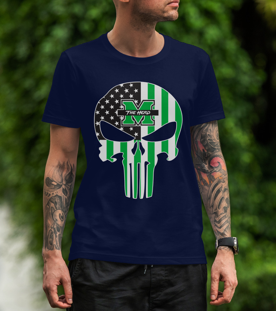 Marshall Thundering Herd The Punisher American Flag Skull T-Shirt