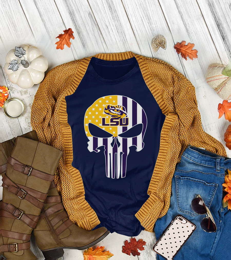Lsu Tigers Punisher Skull American Flag T-Shirt