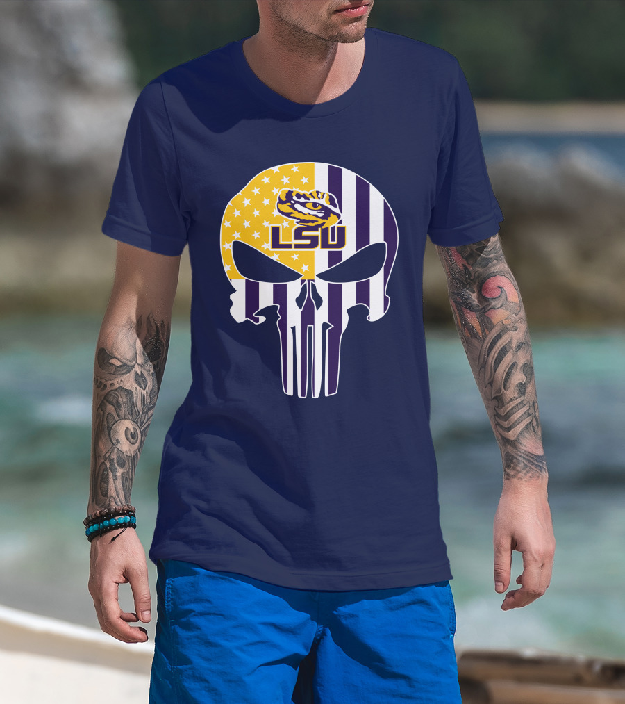 Lsu Tigers Punisher Skull American Flag T-Shirt