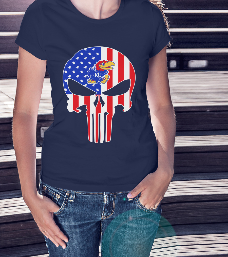 Kansas Jayhawks The Punisher American Flag Skull T-Shirt