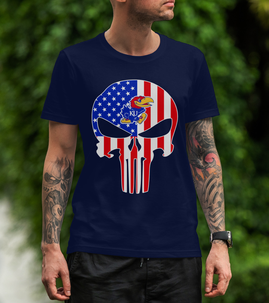Kansas Jayhawks The Punisher American Flag Skull T-Shirt