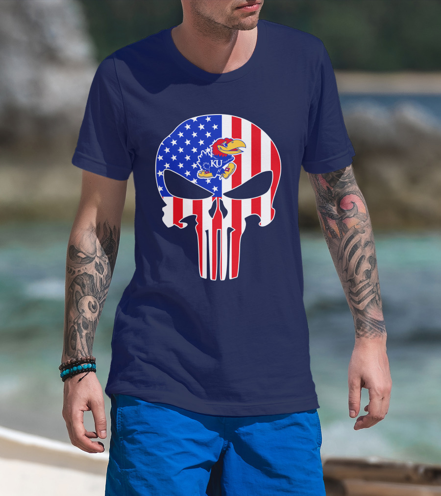 Kansas Jayhawks The Punisher American Flag Skull T-Shirt
