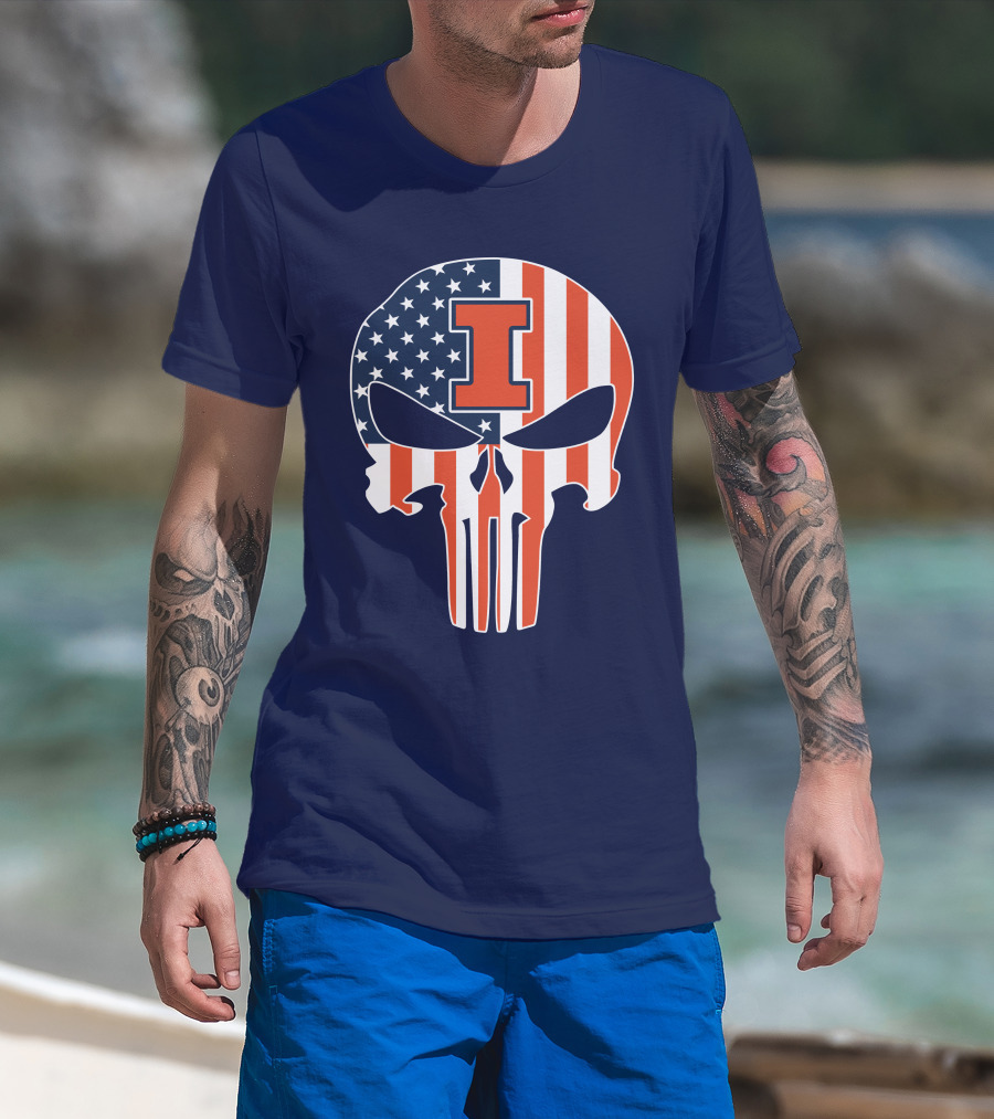 Illinois Fighting Illini Skull Punisher American Flag I T-Shirt
