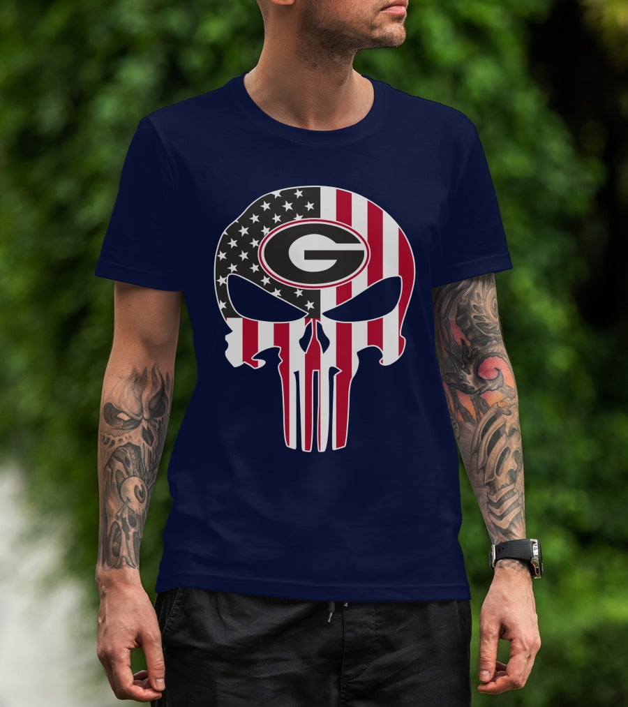 Georgia Bulldogs Punisher Skull American Flag 52 T-Shirt
