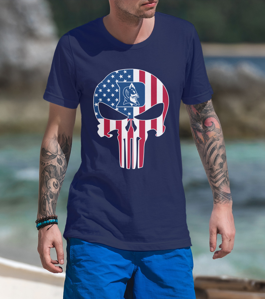 Duke Blue Devils The Punisher American Flag Skull T-Shirt