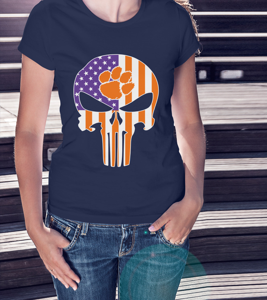 Clemson Tigers The Punisher American Flag Skull Paw T-Shirt