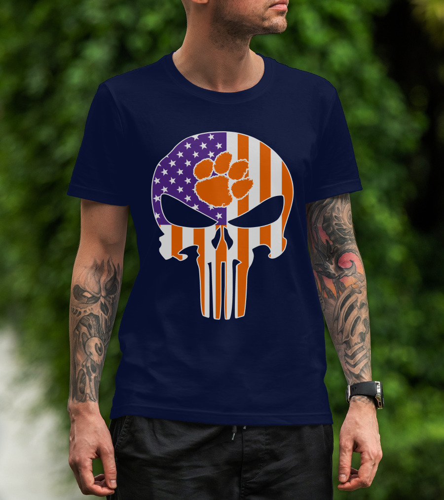 Clemson Tigers The Punisher American Flag Skull Paw T-Shirt