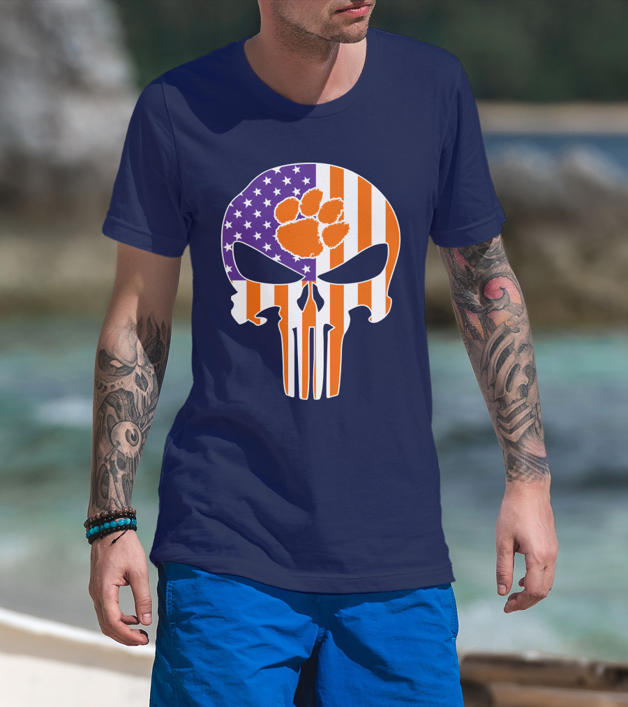 Clemson Tigers The Punisher American Flag Skull Paw T-Shirt