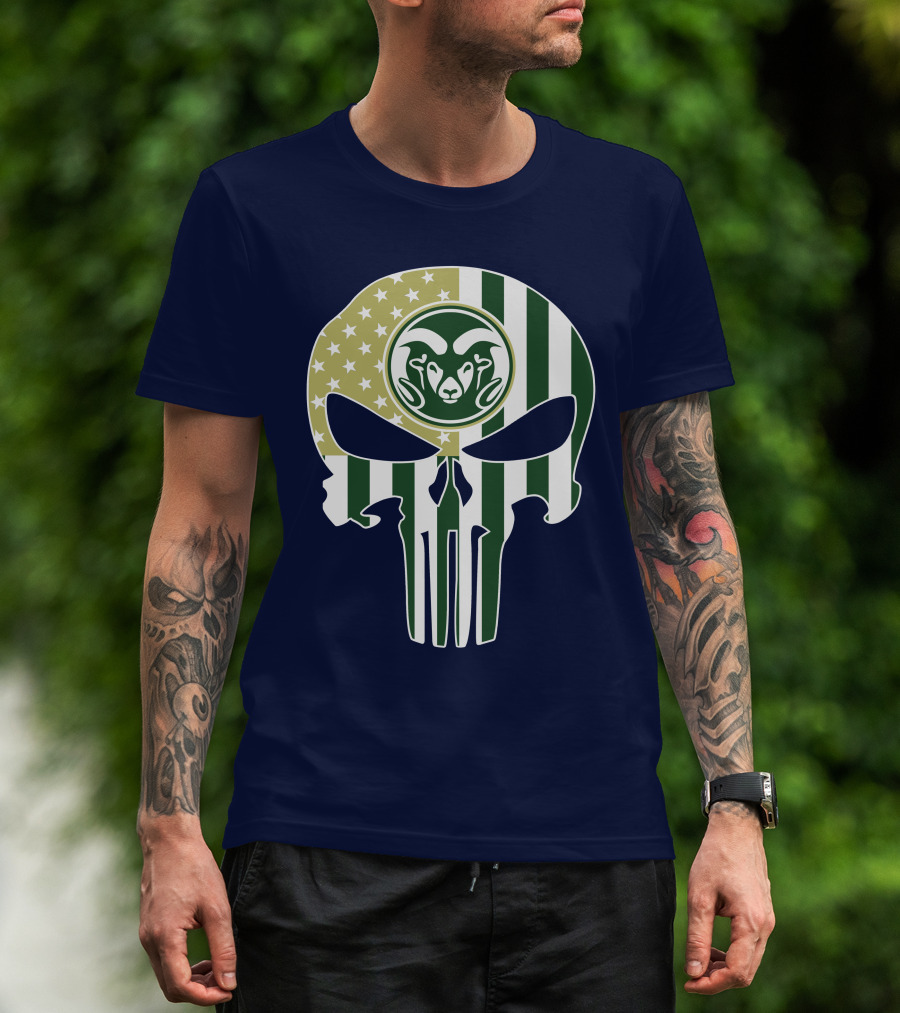 Colorado State Rams The Punisher Skull With American Flag And Ram T-Shirt
