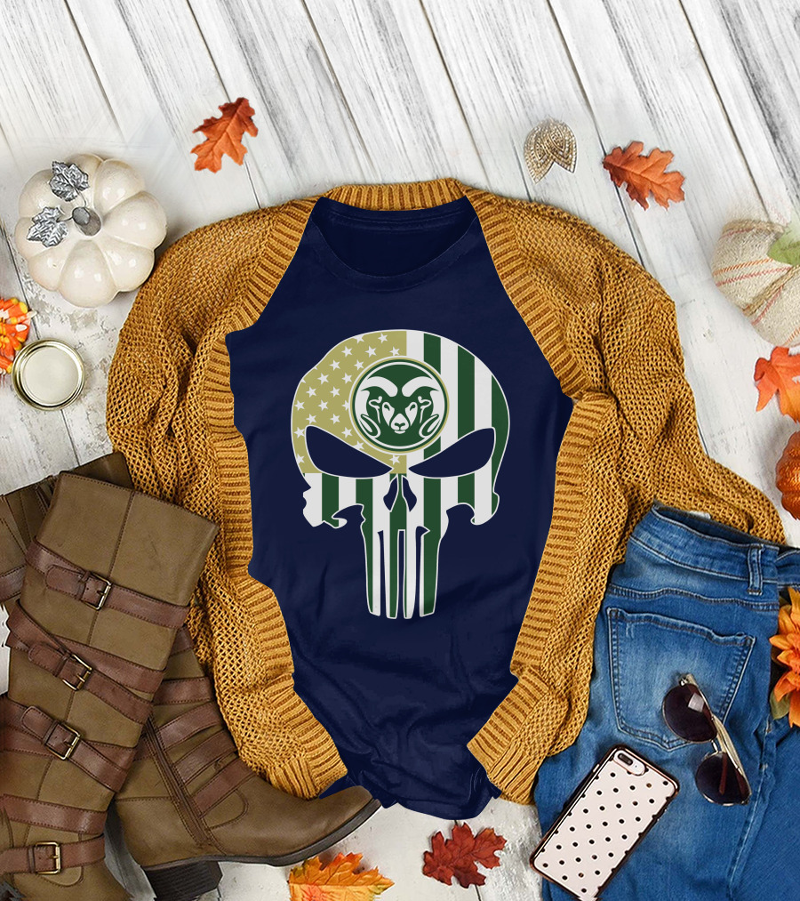 Colorado State Rams The Punisher Skull With American Flag And Ram T-Shirt