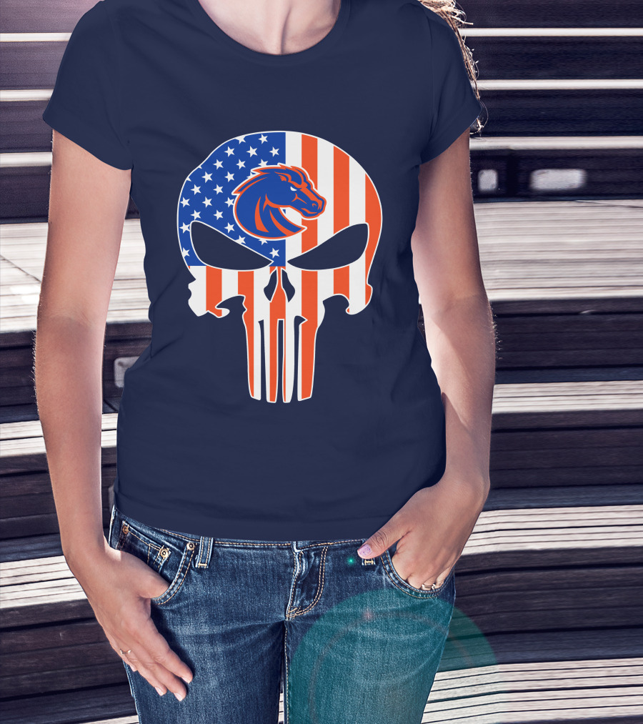 Boise State Broncos The Punisher American Flag Skull T-Shirt