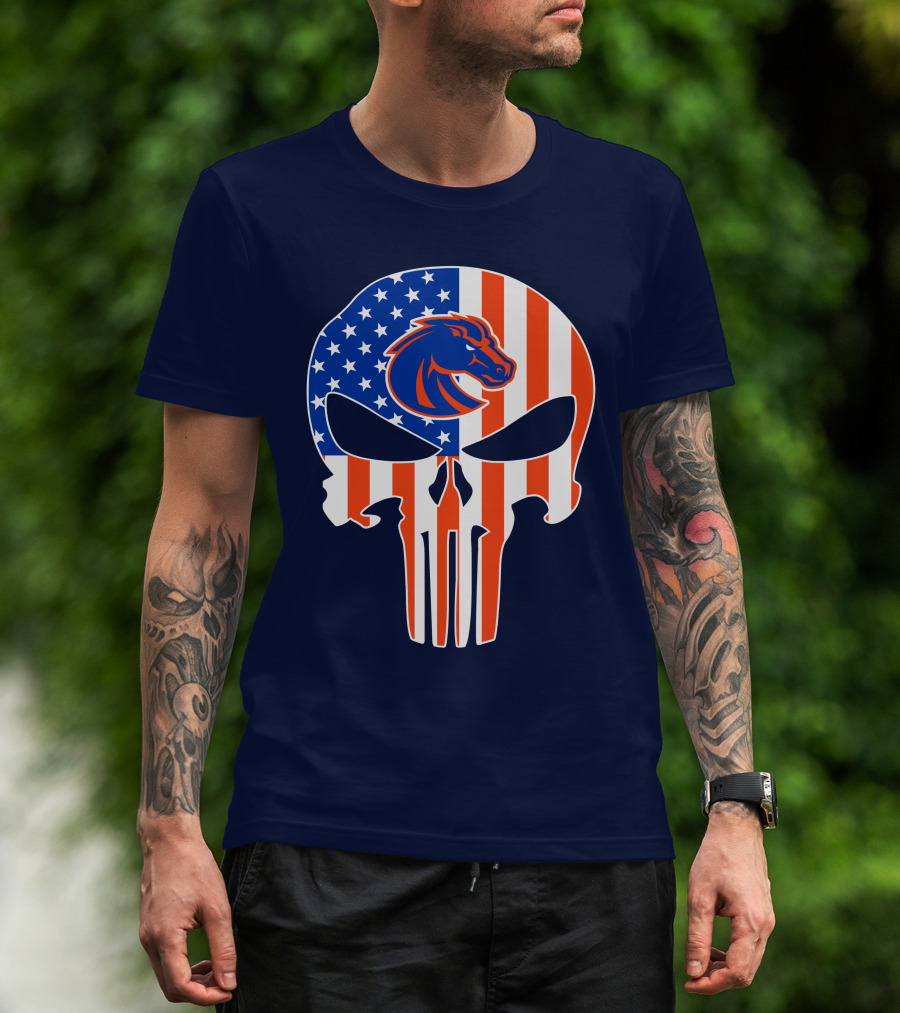 Boise State Broncos The Punisher American Flag Skull T-Shirt