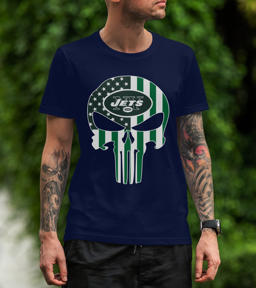 New York Jets Punisher Skull American Flag T-Shirt