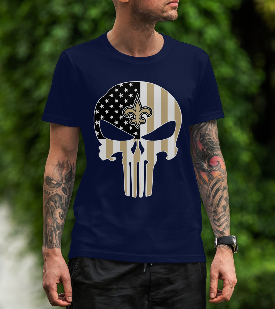 New Orleans Saints The Punisher American Flag Skull Fleur-De-Lis T-Shirt