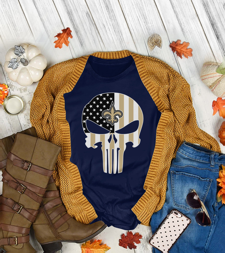 New Orleans Saints The Punisher American Flag Skull Fleur-De-Lis T-Shirt