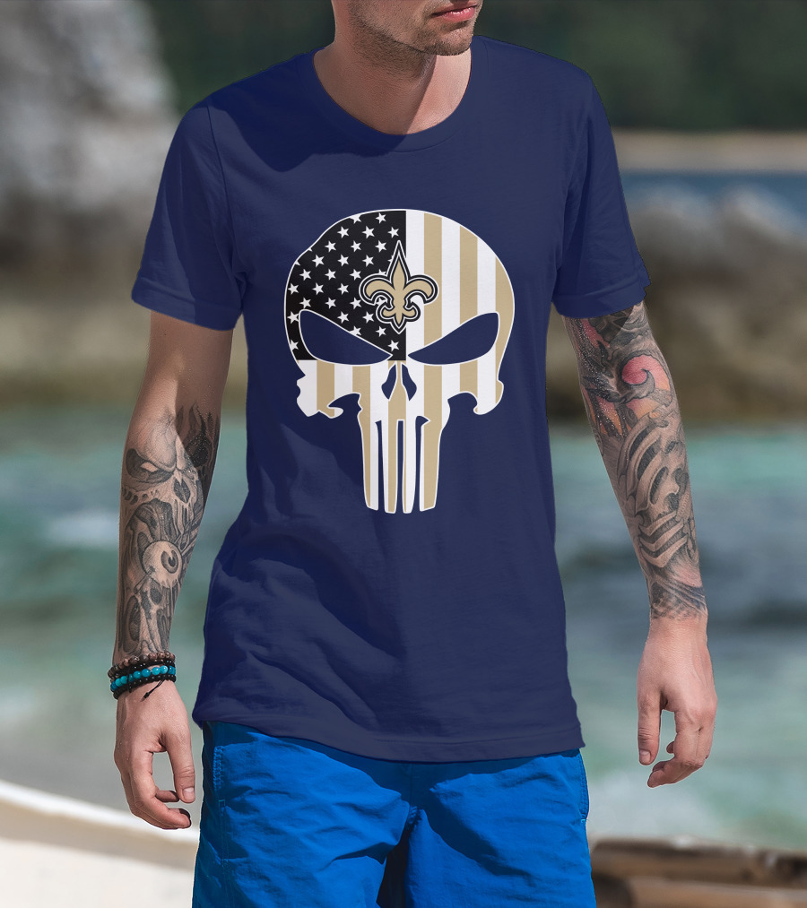 New Orleans Saints The Punisher American Flag Skull Fleur-De-Lis T-Shirt