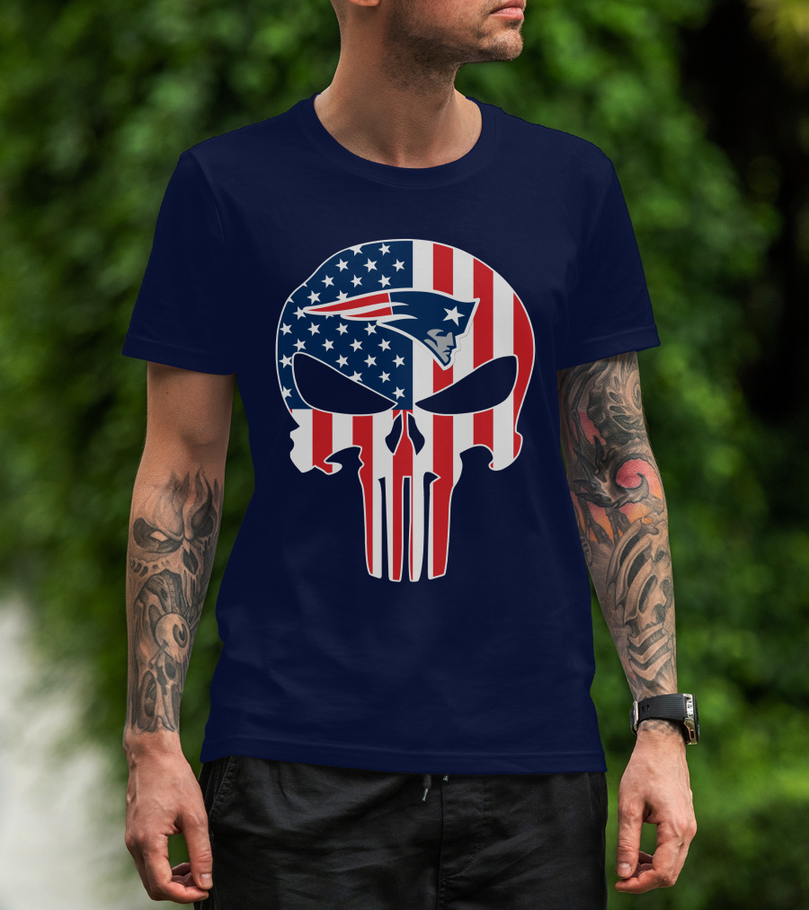 New England Patriots Punisher Skull American Flag T-Shirt