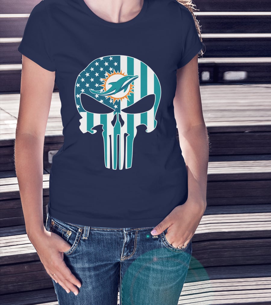 Miami Dolphins The Punisher American Flag Skulls T-Shirt