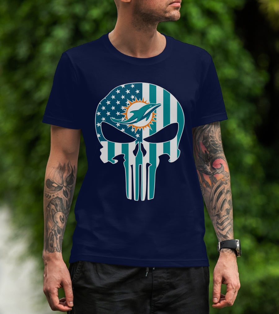 Miami Dolphins The Punisher American Flag Skulls T-Shirt