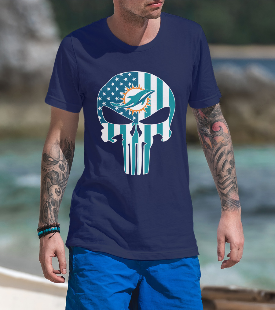 Miami Dolphins The Punisher American Flag Skulls T-Shirt