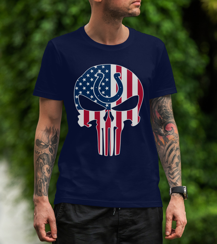 Indianapolis Colts The Punisher Skull American Flag Colts Horseshoe T-Shirt
