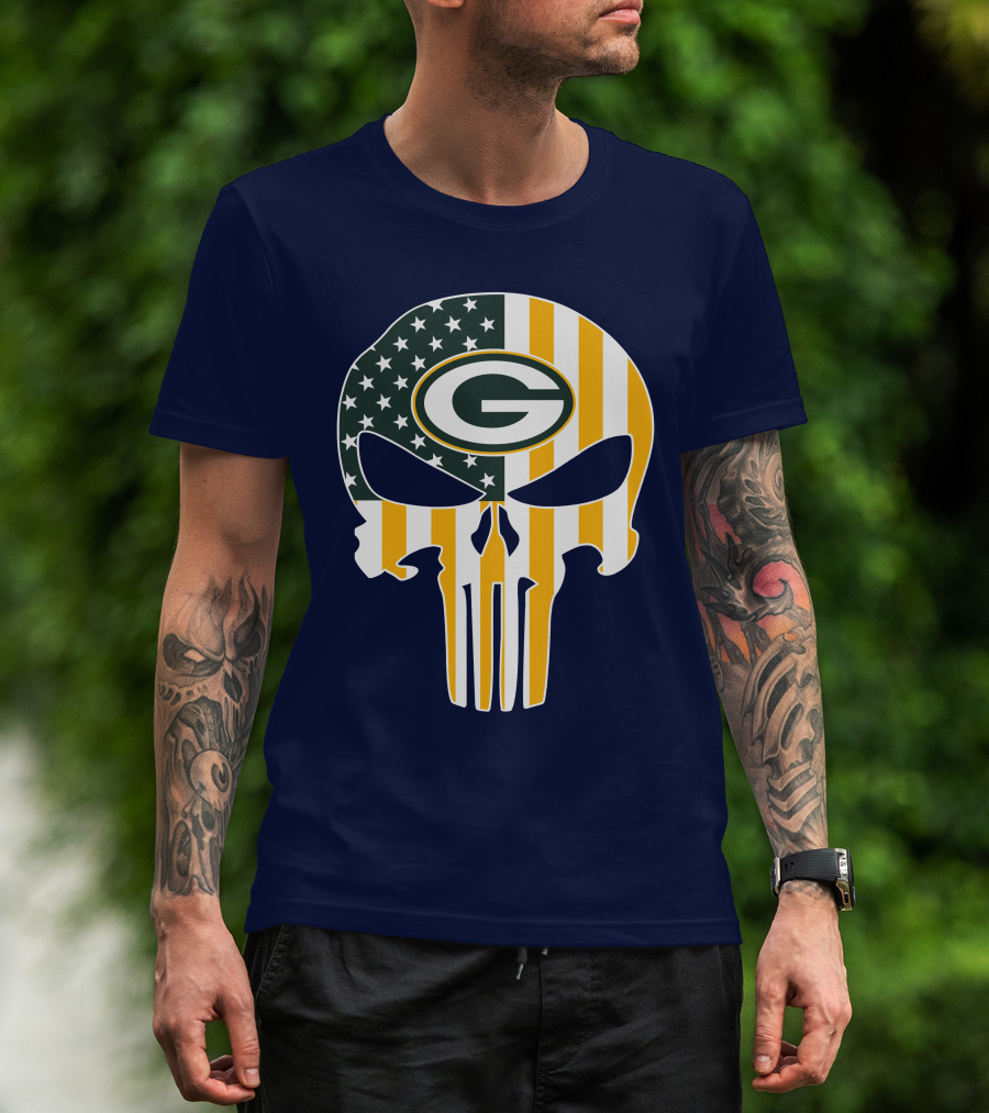 Green Bay Packers The Punisher American Flag Skull T-Shirt