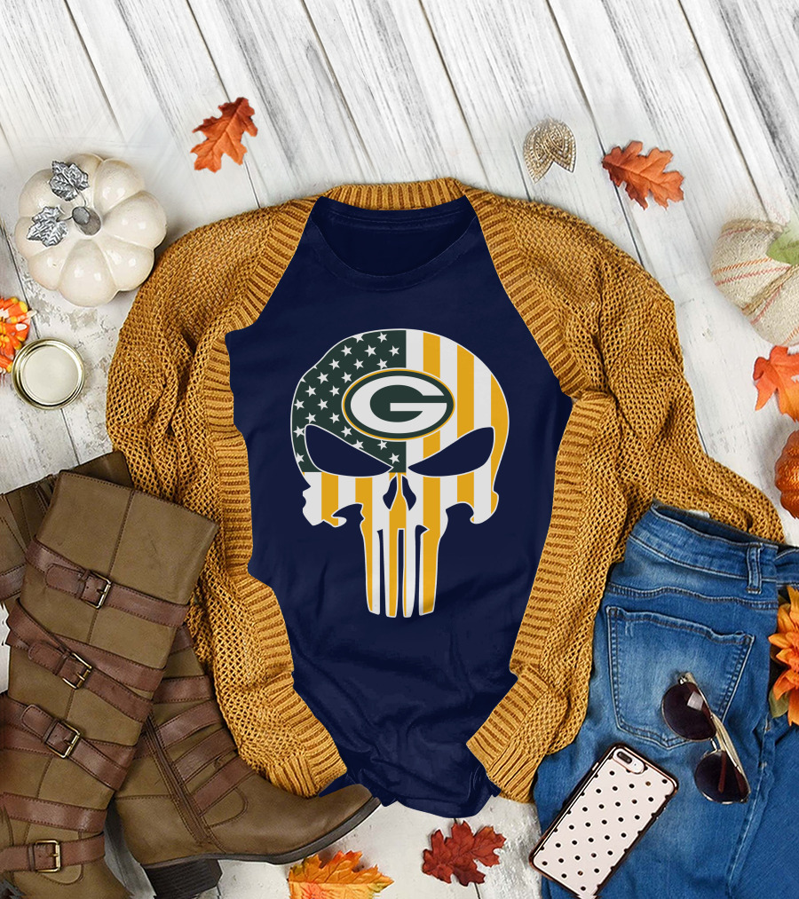Green Bay Packers The Punisher American Flag Skull T-Shirt