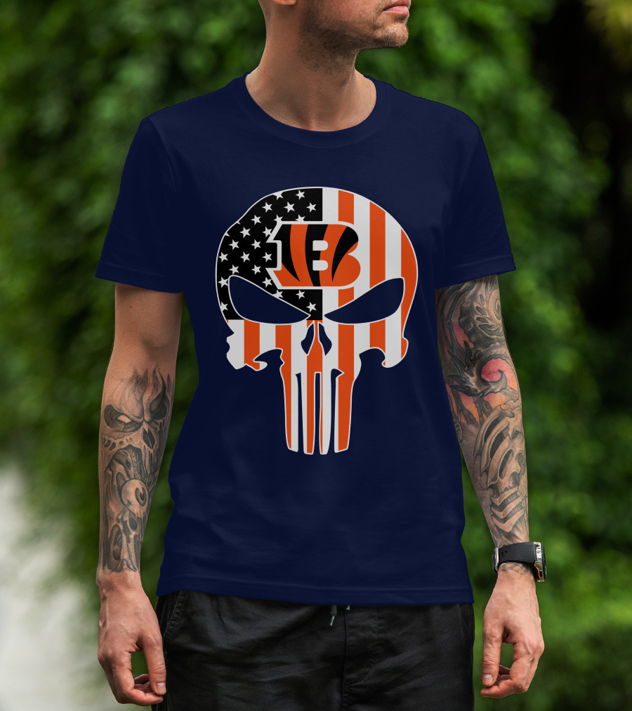 Cincinnati Bengals Skull Logo American Flag T-Shirt