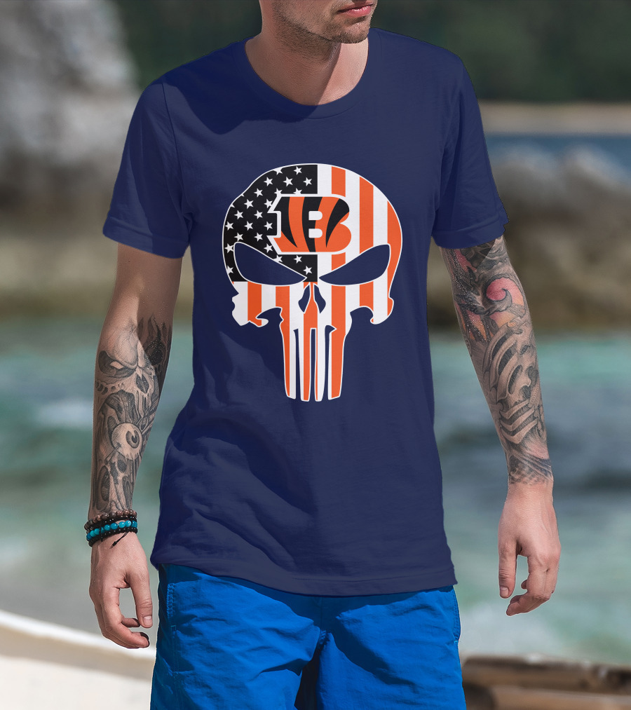 Cincinnati Bengals Skull Logo American Flag T-Shirt