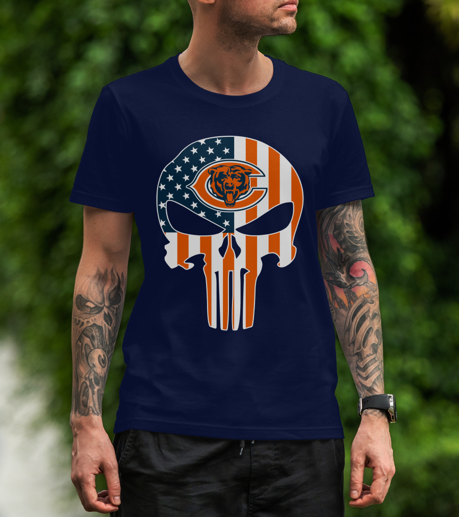 Chicago Bears The Punisher Skull American Flag T-Shirt