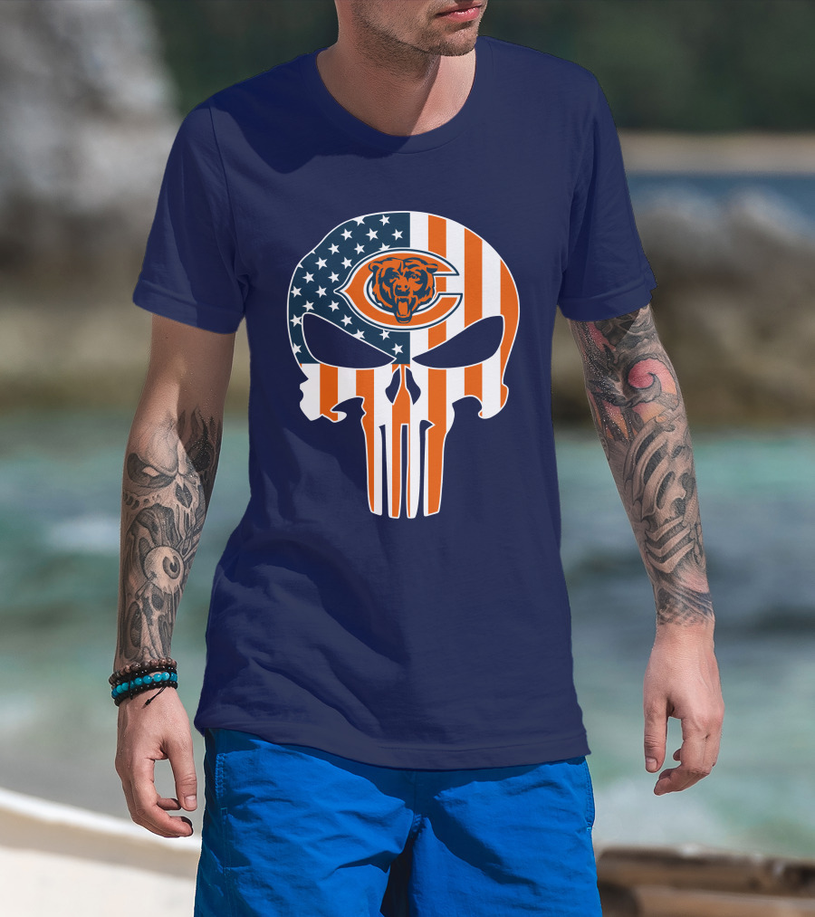Chicago Bears The Punisher Skull American Flag T-Shirt