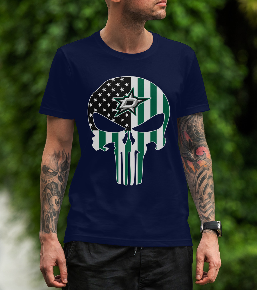Dallas Stars Punisher Skull American Flag Stripe T-Shirt