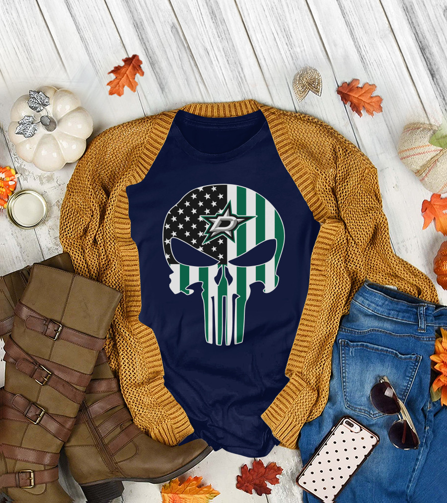 Dallas Stars Punisher Skull American Flag Stripe T-Shirt