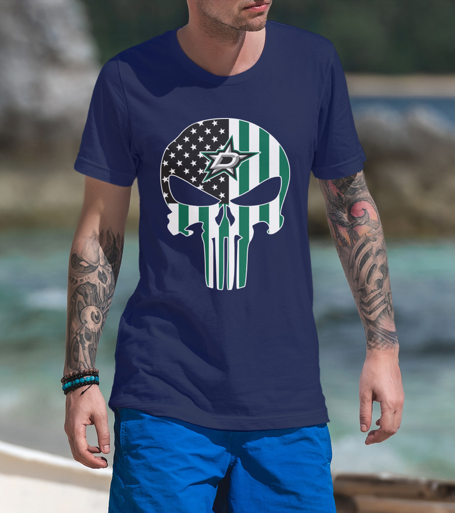 Dallas Stars Punisher Skull American Flag Stripe T-Shirt