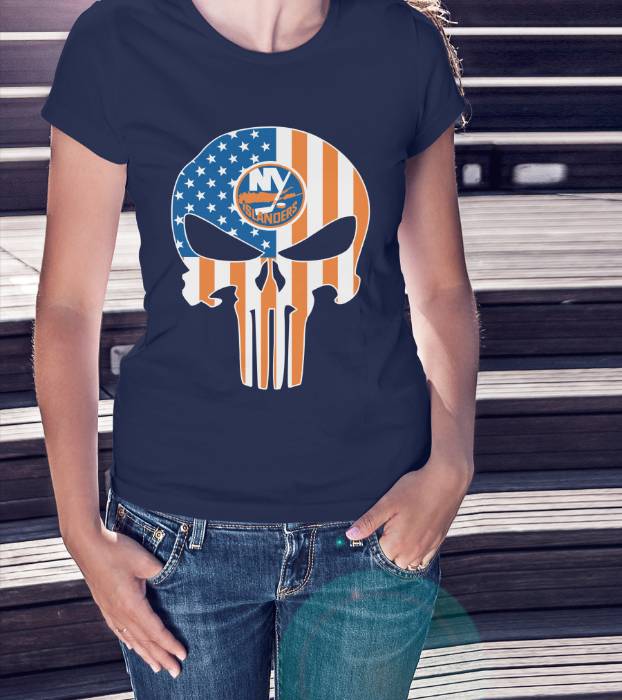 New York Islanders Punisher Skull American Flag T-Shirt