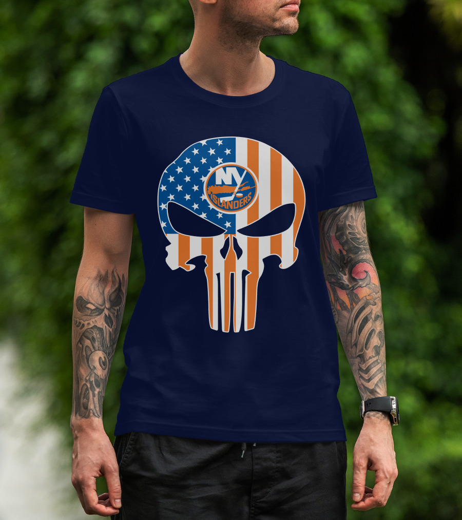 New York Islanders Punisher Skull American Flag T-Shirt