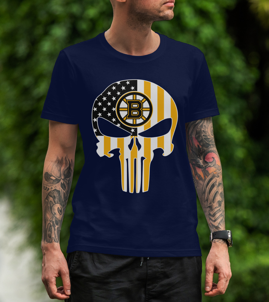 Boston Bruins The Punisher American Flag Skull T-Shirt