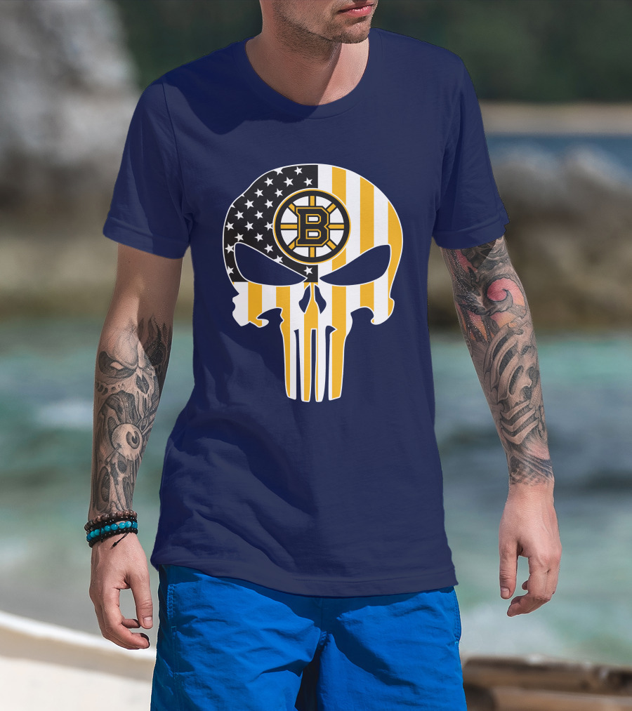 Boston Bruins The Punisher American Flag Skull T-Shirt