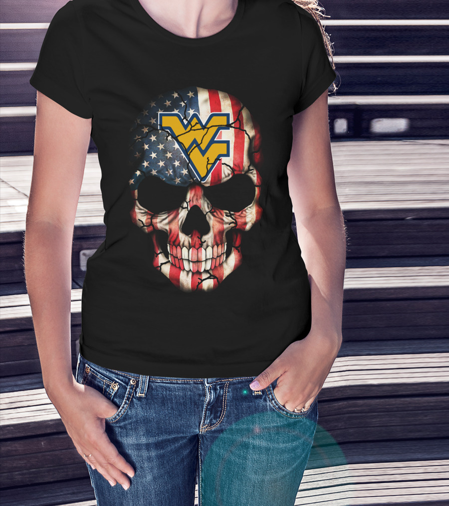 American Flag Skull With West Virginia Mountaineers T-Shirt