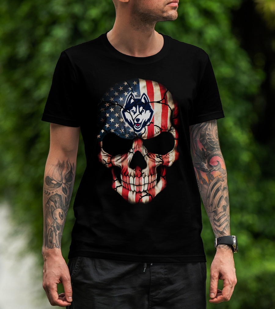 Uconn Huskies American Flag Skull T-Shirt