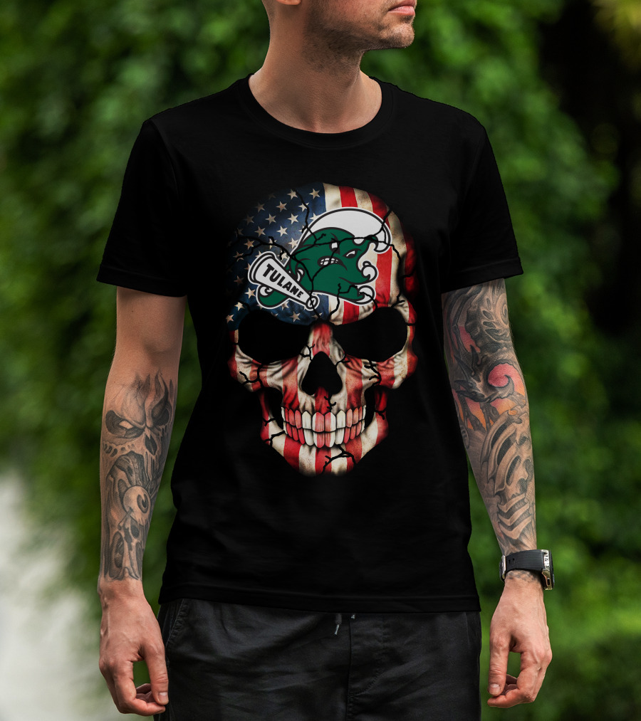 Patriotic Skull With Tulane Green Wave Logo On American Flag Style T-Shirt