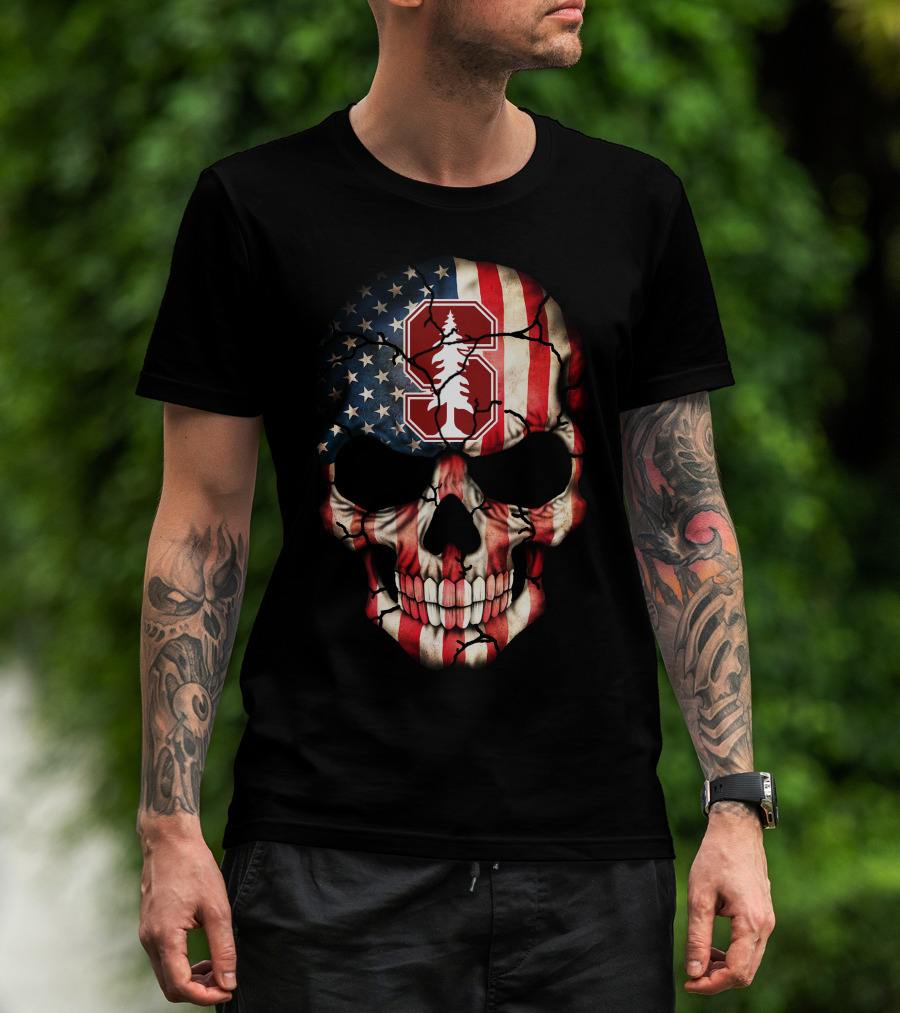 Stanford Cardinal Skull American Flag T-Shirt