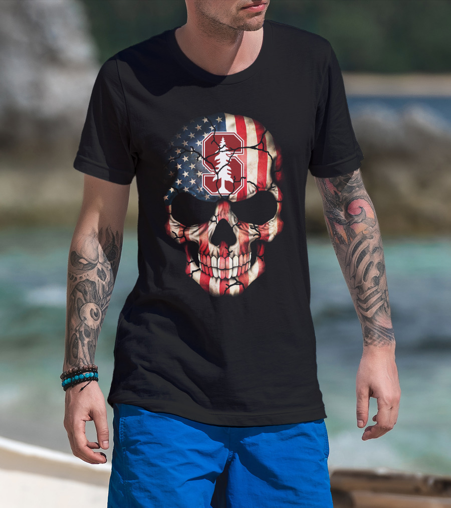 Stanford Cardinal Skull American Flag T-Shirt