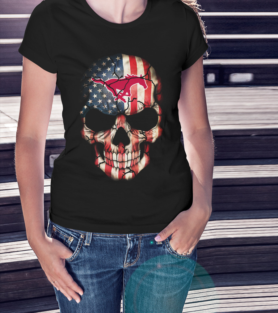 Usa Flag Skull With Smu Mustangs T-Shirt