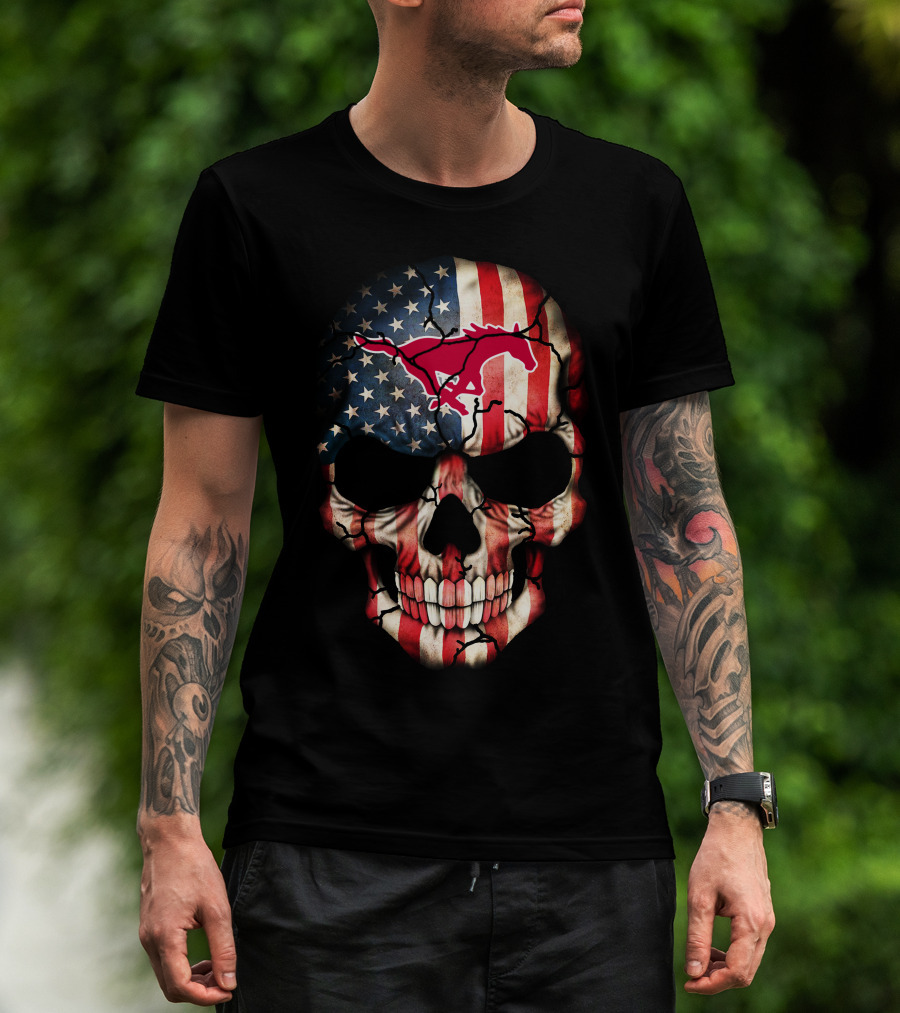Usa Flag Skull With Smu Mustangs T-Shirt