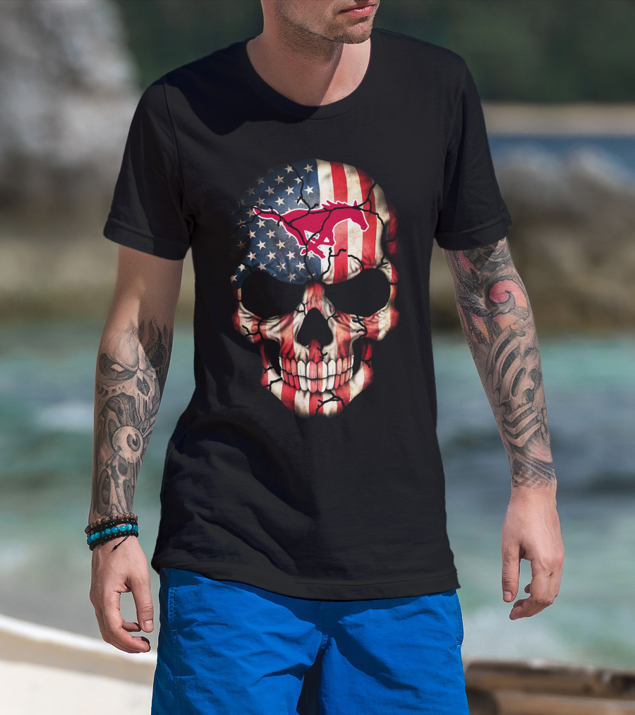 Usa Flag Skull With Smu Mustangs T-Shirt